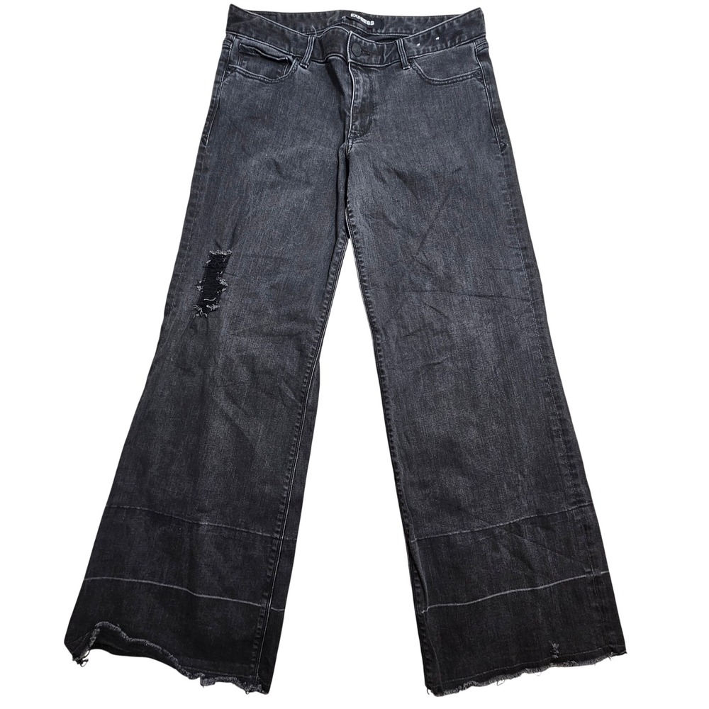 Express Super Wide Leg Jeans Womens 12R Black Distressed Low Rise Raw Hem Baggy